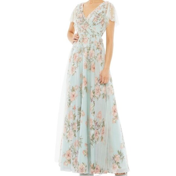 NEW Mac Duggal Blue Floral Beaded Flutter Sleeve Dress 11220 - Picture 1 of 11
